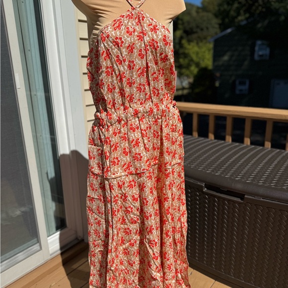 Joie Red/Orange and Cream Floral Midi Strap Halter Dress, size OX, NWTS, halter - Picture 3 of 13